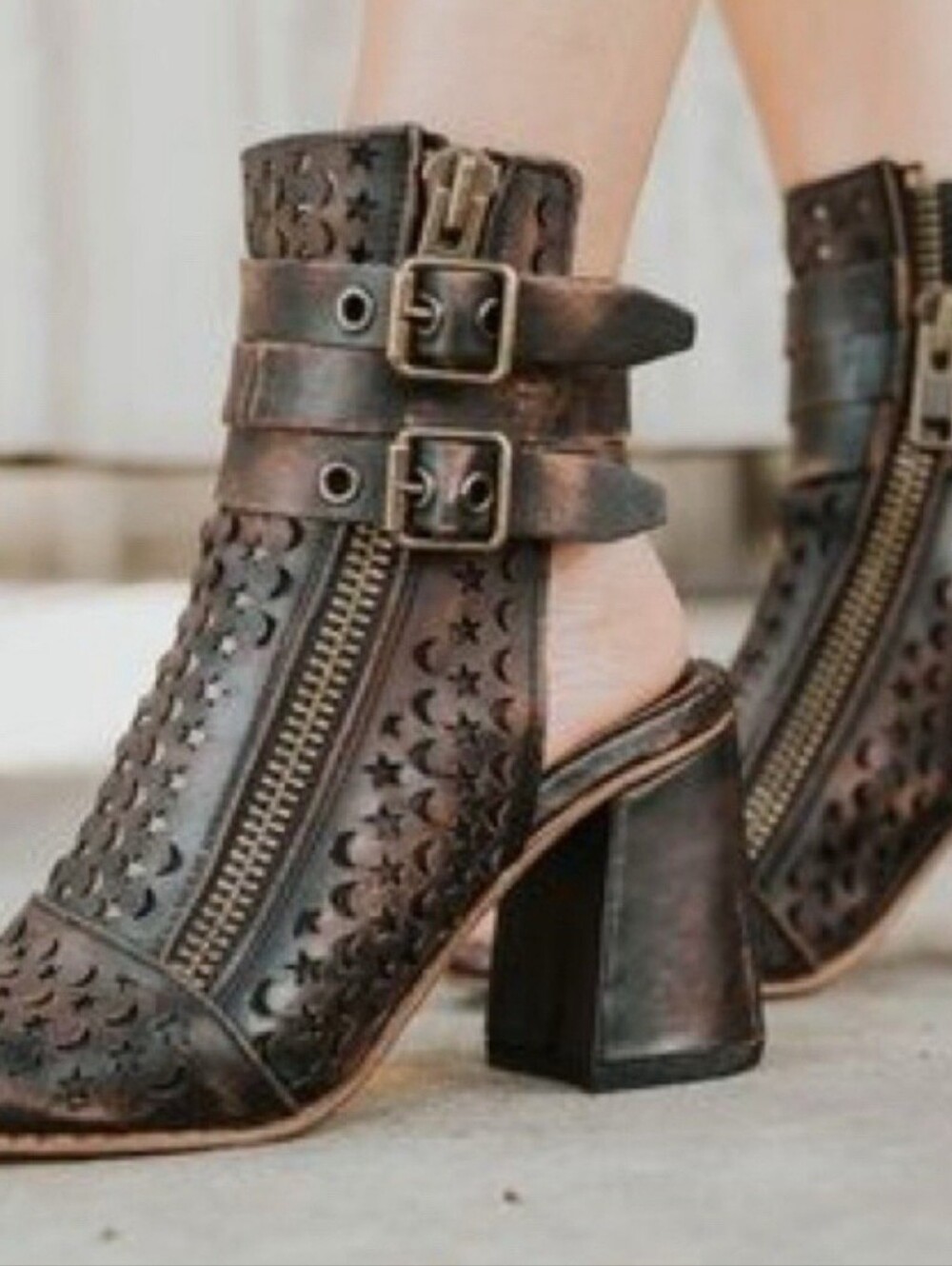 Freebird Theresa Distressed Leather Cutout Peep Toe Block Heel Booties Size 8 - Picture 3 of 12